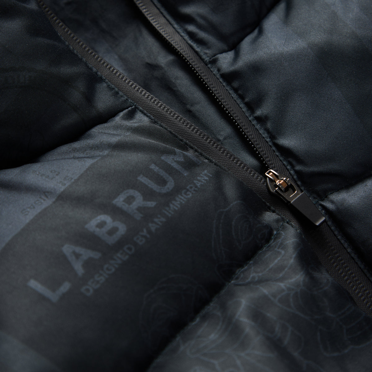 Black Passport Print Puffer Jacket
