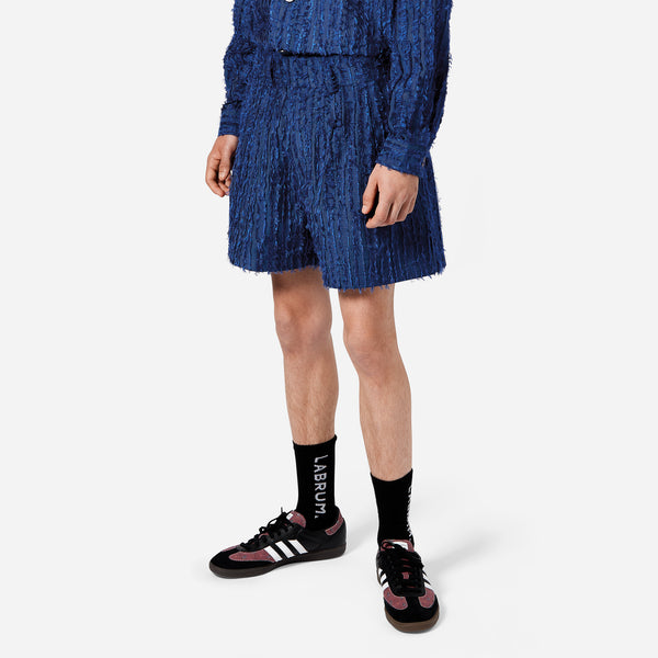 Blue Frayed Striped Tailored Shorts
