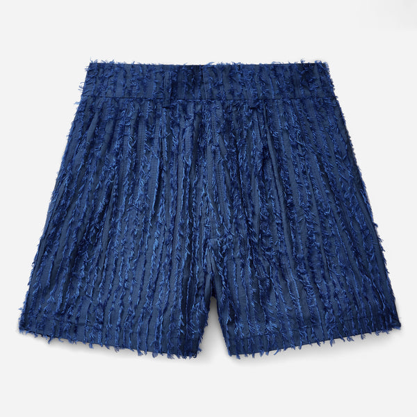 Blue Frayed Striped Tailored Shorts